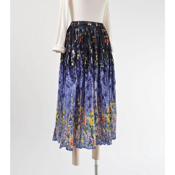 Vintage 90s Floral Broomstick Pleated Full Cotton Maxi Skirt S M - Picture 4 of 8